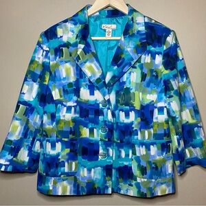Kim Rogers Jacket Women Size 12 Blue Green White Art To Wear Lined Church Office